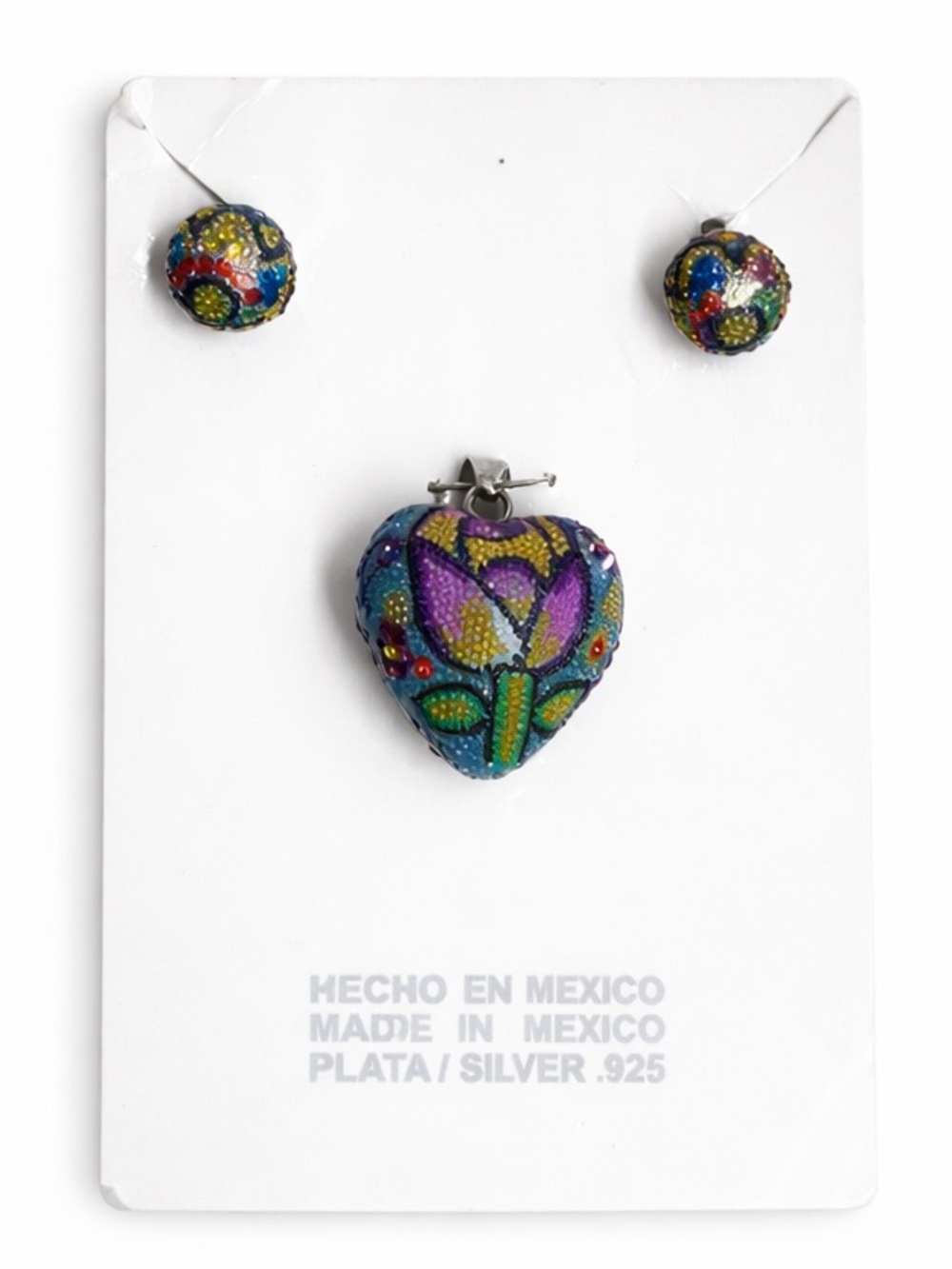 Double Sided Heart Pendant and Multicolor Stud Earrings -Floral Desing in Silver